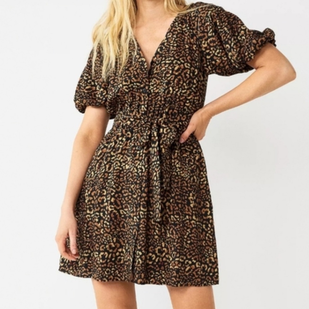 Nine West Animal Print Mini Dress with Puff Sleeves